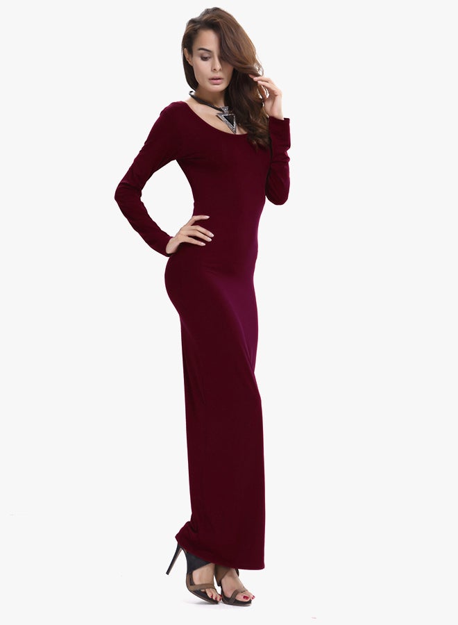 Long Sleeves A-Line Classic Maxi Dress Wine Red  - Image 2