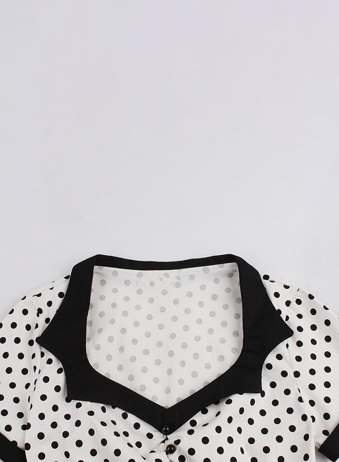 Vintage Dot Print Short Sleeves Dress Black  - Image 3