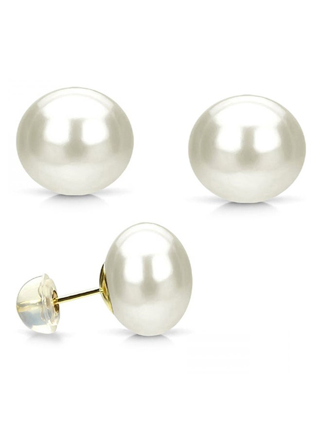 Golden Choice - 14K Solid Gold 10-10.5mm Huge White AAA Freshwater Pearl Stud Earrings - Image 1