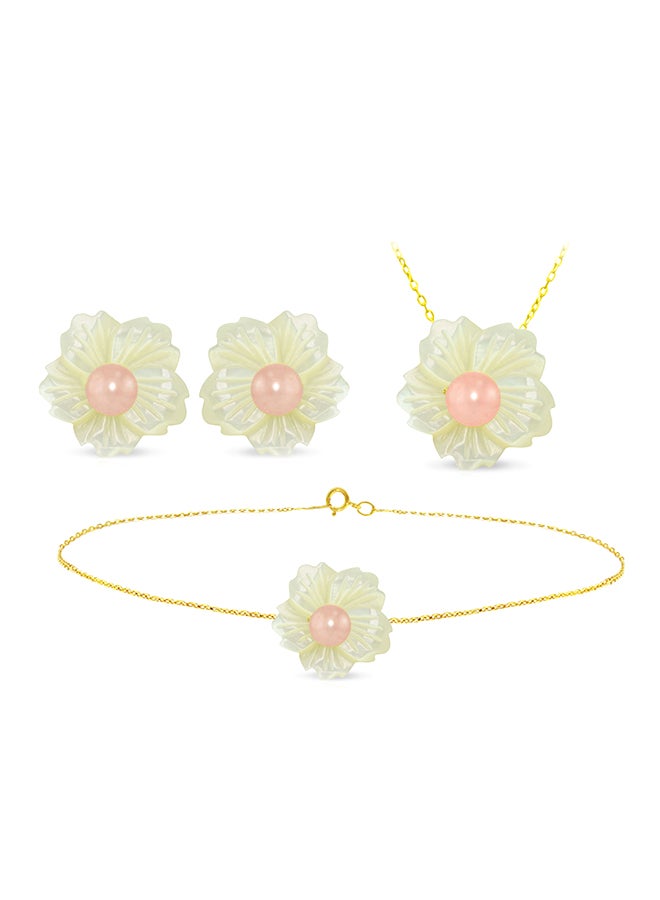 Vera Perla - 3-Piece18 Karat Solid Yellow Gold 19 mm Flower Shape Mother Of Pearl With 6-7 mm Pearl Jewellery - Image 1