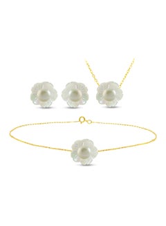 18 Karat Solid Yellow Gold Mother Of Pearl Shell With 4 mm Pearl Jewellery Set
