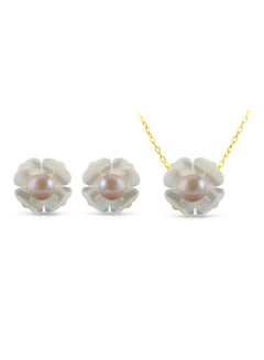 Vera Perla Set of 2 18 Karat Gold Mother Of Pearl Flower Design With Pearl Necklace and Earrings  - Image 1