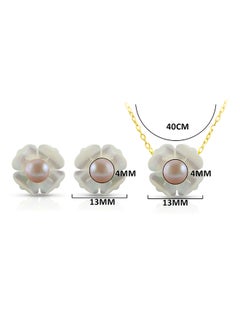 Vera Perla Set of 2 18 Karat Gold Mother Of Pearl Flower Design With Pearl Necklace and Earrings  - Image 2