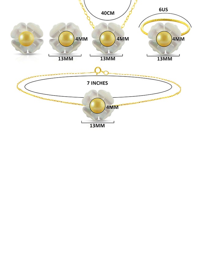 18 Karat Solid Yellow Gold 13 mm Mother Of Pearl Flower Shape With 4 mm Pearl Jewellery Set