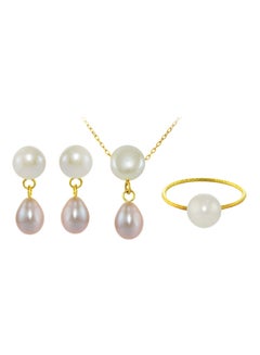 Vera Perla Set of 3 18 Karat Gold Button Pearl Drop Necklace Earrings and Ring  - Image 1