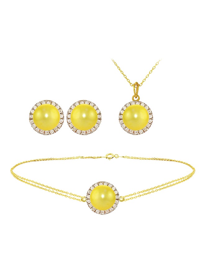 18 Karat Solid Gold 0.30 Carat Genuine Diamonds And 6-7 mm Pearl Jewellery Set