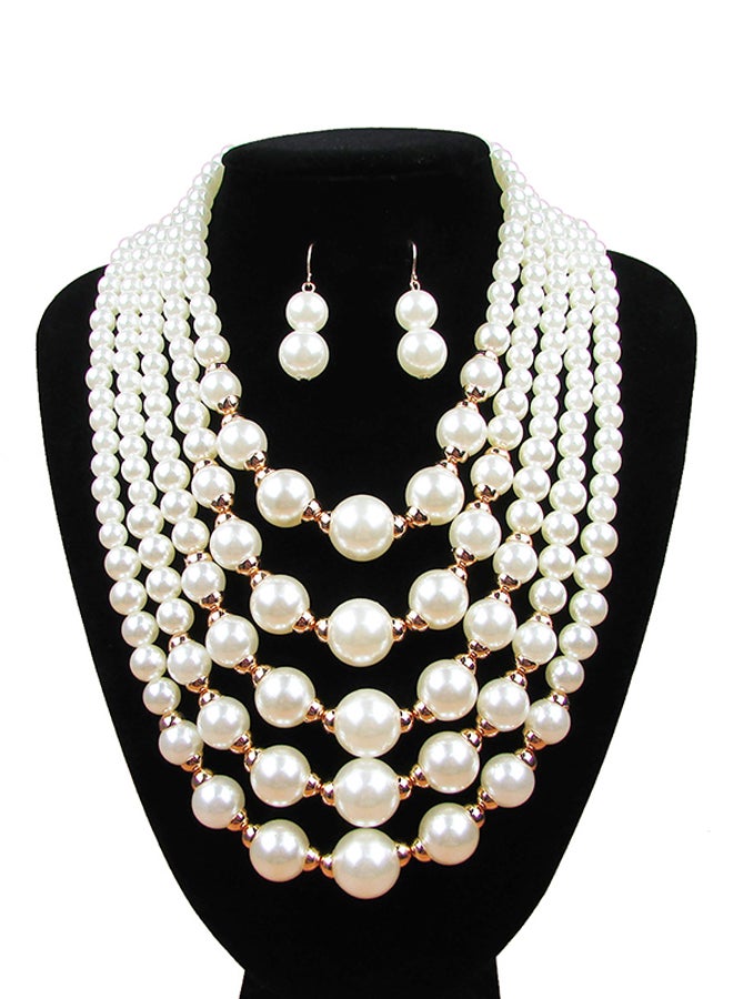 Multilayer Pearl Necklace And Earrings Jewellery Set - Image 2