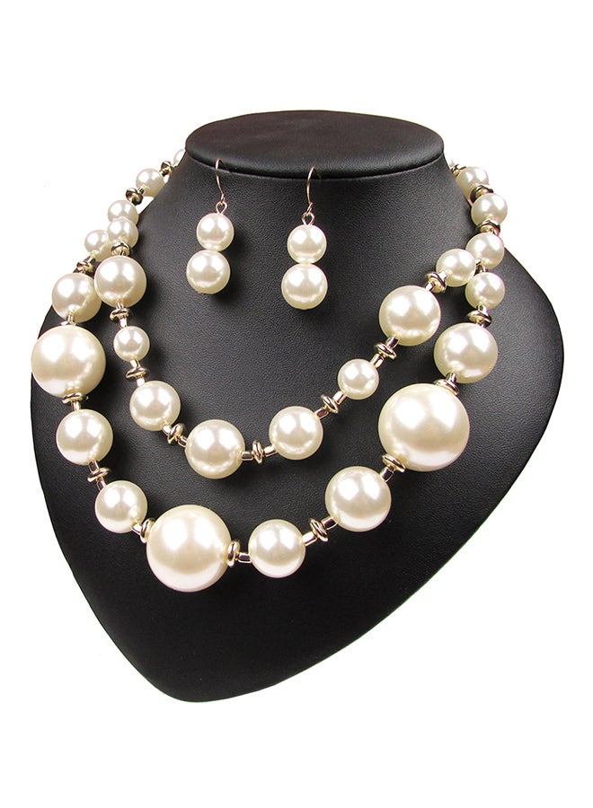 Double Pearl Necklace And Earring Clavicle Chain Jewellery Set - Image 1