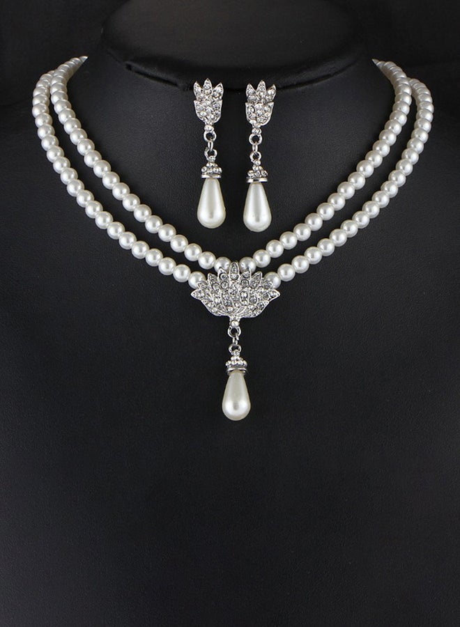 Temperament Pearl Diamond Short Necklace Earrings Jewellery Set - Image 2