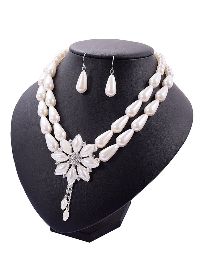 Double Pearl Pierced Flower Necklace And Earrings Jewellery Set - Image 1