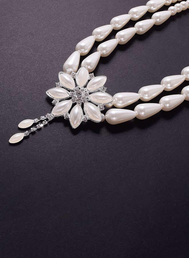Double Pearl Pierced Flower Necklace And Earrings Jewellery Set - Image 3