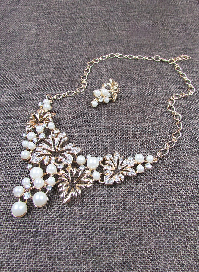 Alloy Leaves Flowers Diamond Pearl Necklace And Earrings Jewellery Set - Image 2