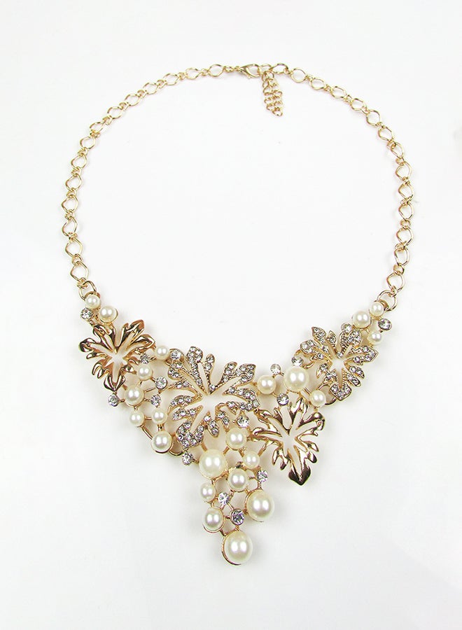 Alloy Leaves Flowers Diamond Pearl Necklace And Earrings Jewellery Set - Image 3