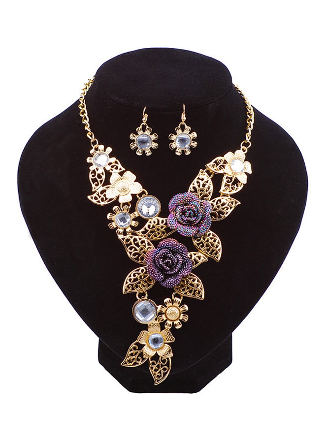 Retro Alloy Hollow Flower Diamond Necklace And Earrings Set - Image 1