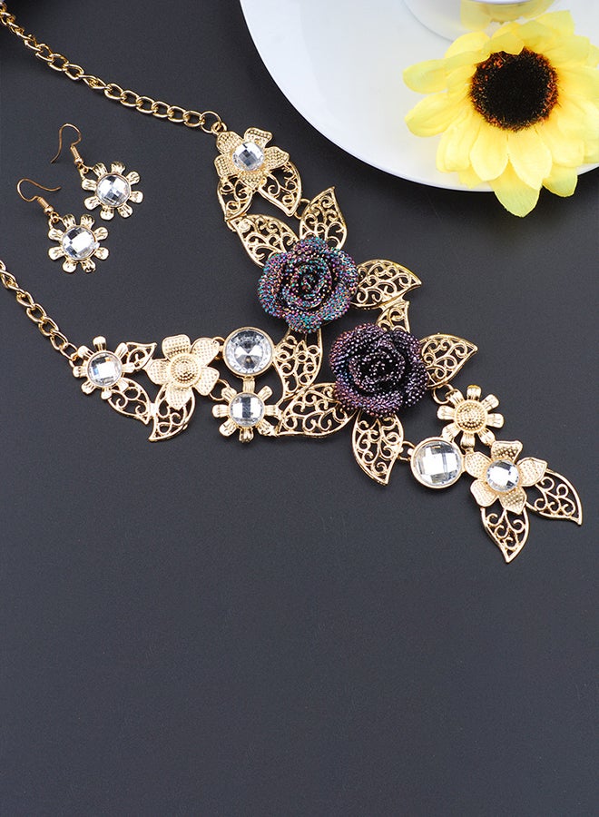 Retro Alloy Hollow Flower Diamond Necklace And Earrings Set - Image 3