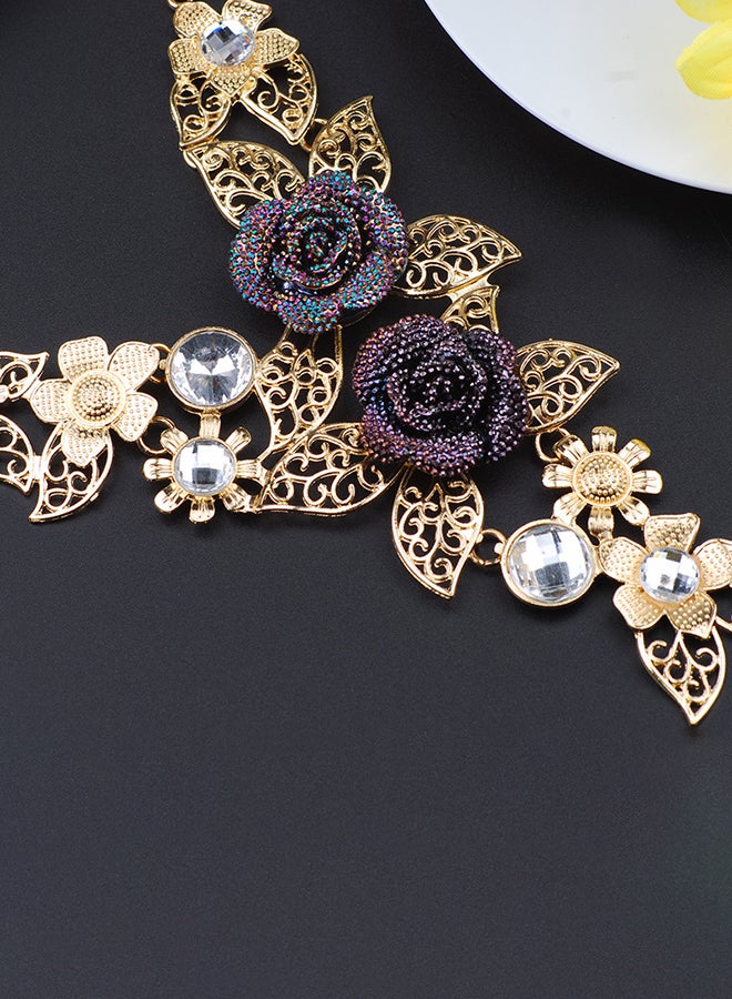 Retro Alloy Hollow Flower Diamond Necklace And Earrings Set - Image 5