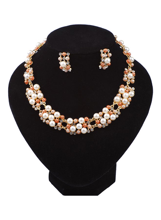Double Row Pearl Diamond Necklace And Earrings Jewellery Set - Image 1