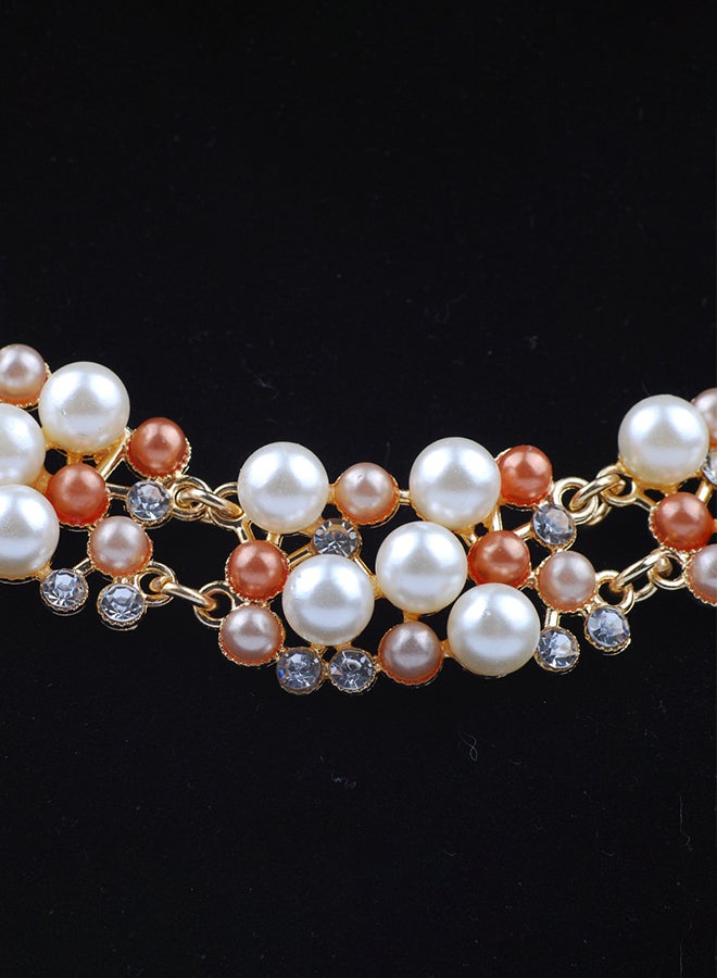 Double Row Pearl Diamond Necklace And Earrings Jewellery Set - Image 2