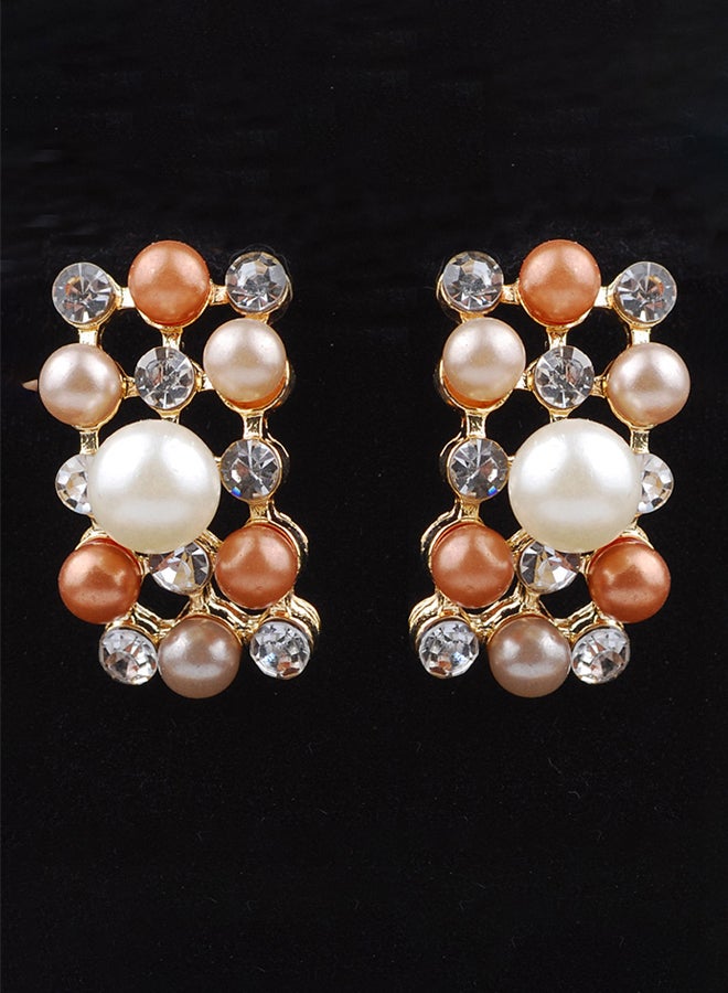 Double Row Pearl Diamond Necklace And Earrings Jewellery Set - Image 3