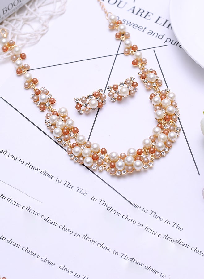 Double Row Pearl Diamond Necklace And Earrings Jewellery Set - Image 4