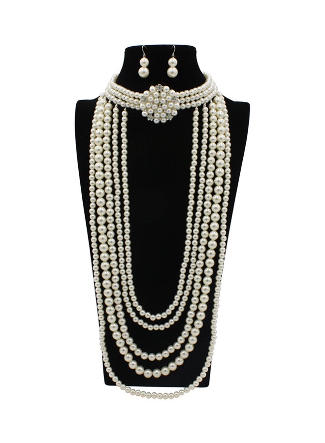 Generic - Diamond Pearl Flower Necklace Jewellery Set - Image 1