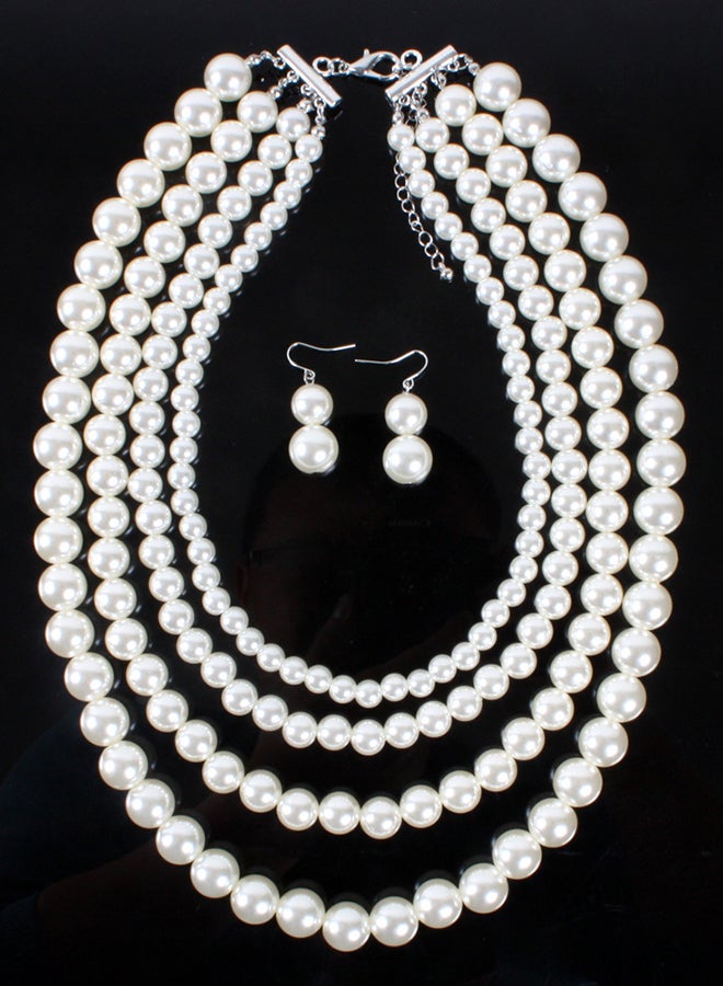 Multilayer Pearl Short Style Necklace Earrings Jewellery Set - Image 3
