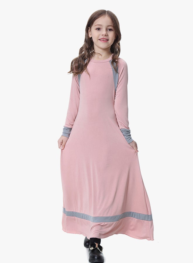 جلابية عربية عرقية بأكمام طويلة وردي/رمادي - Image 1