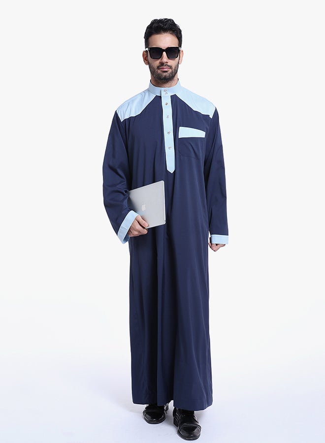 كندورة عربية بأكمام طويلة أزرق داكن  - Image 3
