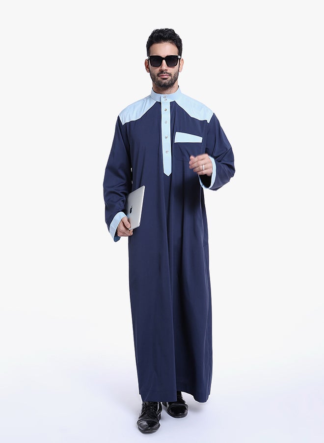كندورة عربية بأكمام طويلة أزرق داكن  - Image 2