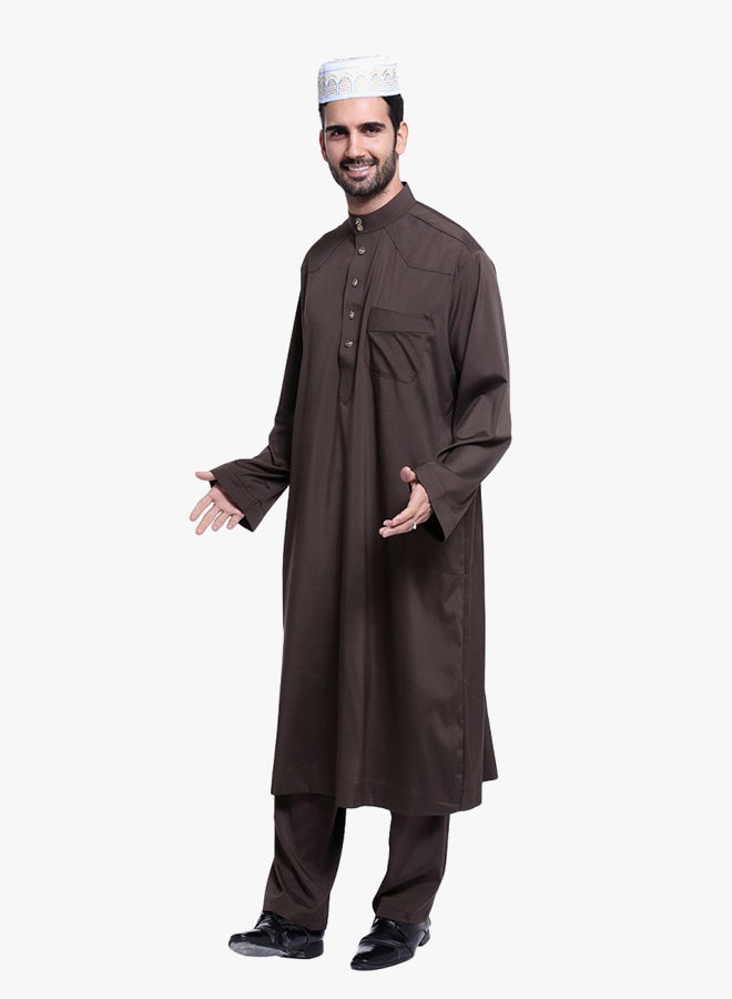 كندورة عربية بأكمام طويلة قهوة داكنة  - Image 2