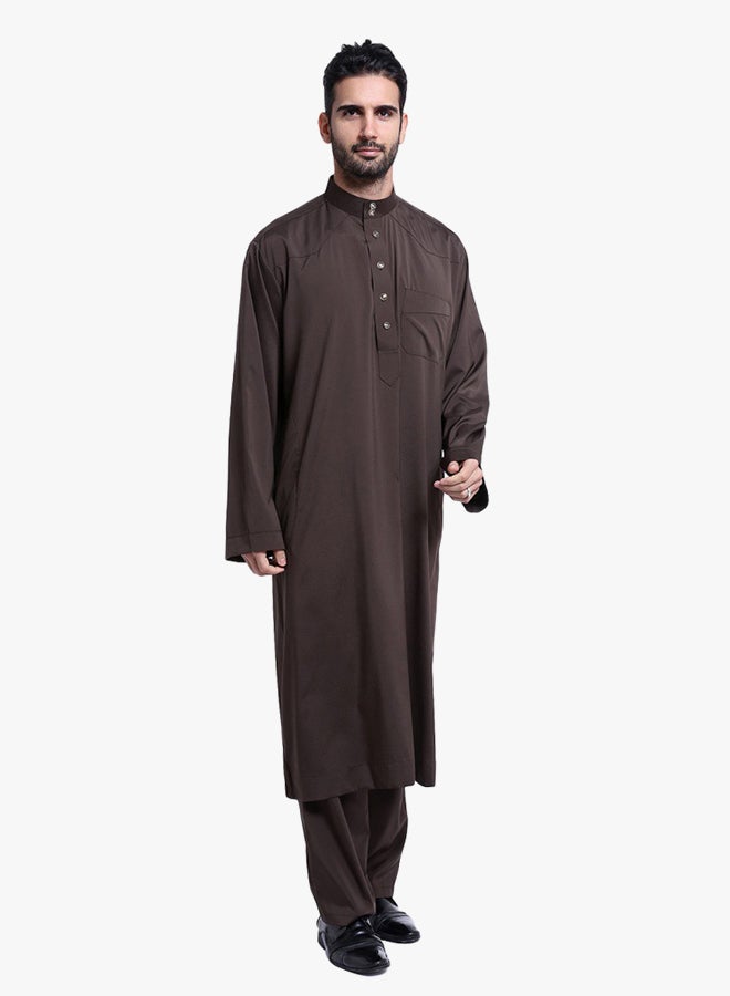 كندورة عربية بأكمام طويلة قهوة داكنة  - Image 3