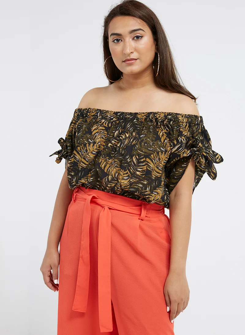 BRAVE SOUL Leaf Printed Bardot Dress Multicolour