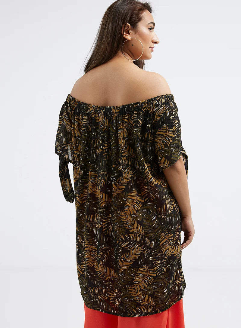 BRAVE SOUL Leaf Printed Bardot Dress Multicolour