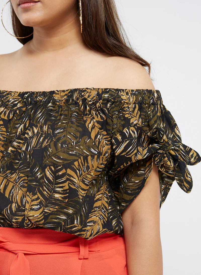 BRAVE SOUL Leaf Printed Bardot Dress Multicolour