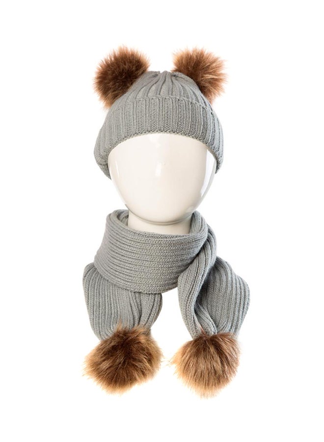 Bluelans Faux Fur Ball Scarf With Beanie Grey/Brown 
