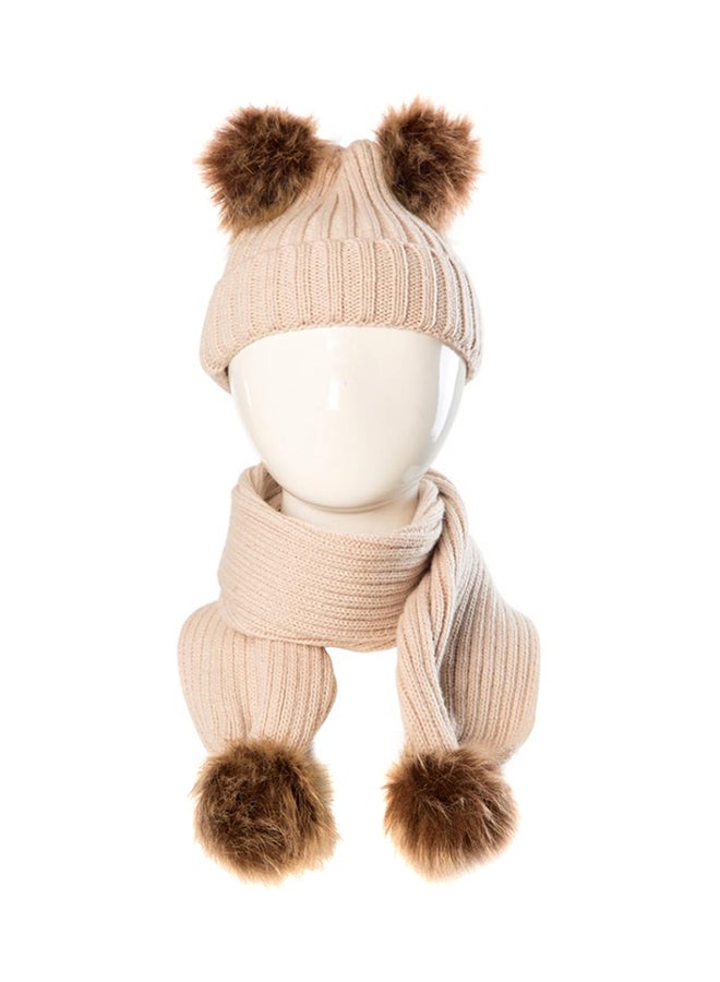 Bluelans Faux Fur Ball Scarf With Beanie Beige/Brown 