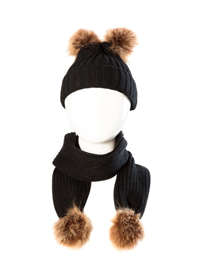 Bluelans Faux Fur Ball Scarf With Beanie Black/Brown 