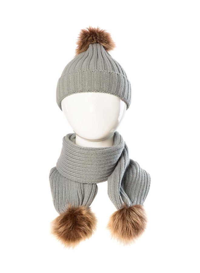 Bluelans Fluffy Ball Knitted Beanie With Scarf Grey/Brown