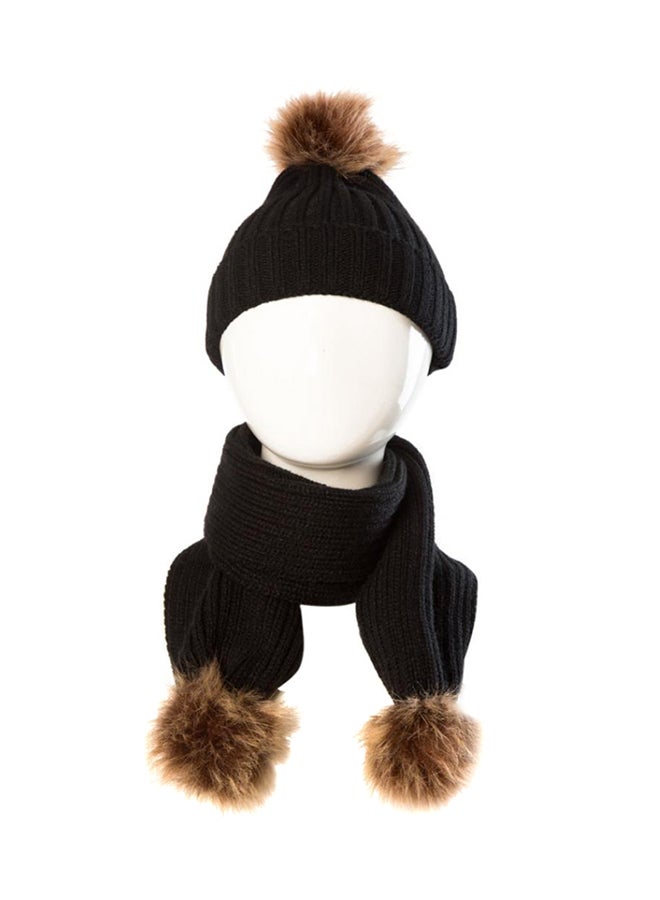 Bluelans Fluffy Ball Knitted Beanie With Scarf Black/Brown