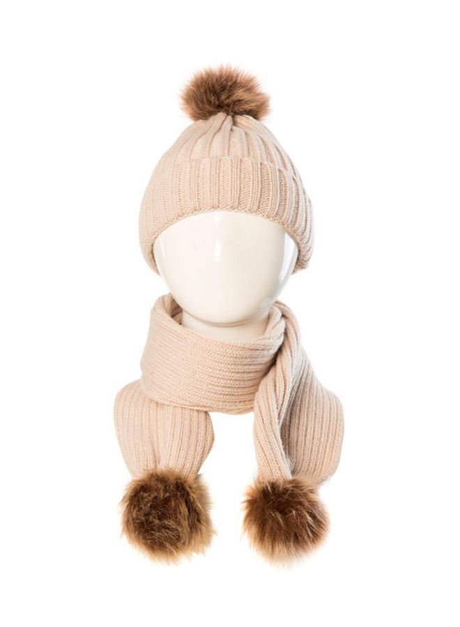 Bluelans Fluffy Ball Knitted Beanie With Scarf Beige/Brown