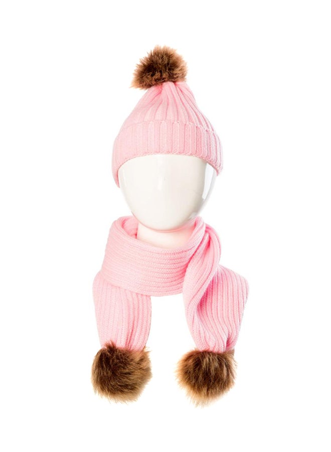 Bluelans Fluffy Ball Knitted Beanie With Scarf Light Pink/Brown 