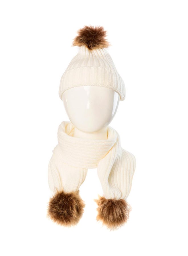 Bluelans Fluffy Ball Knitted Beanie With Scarf White/Brown