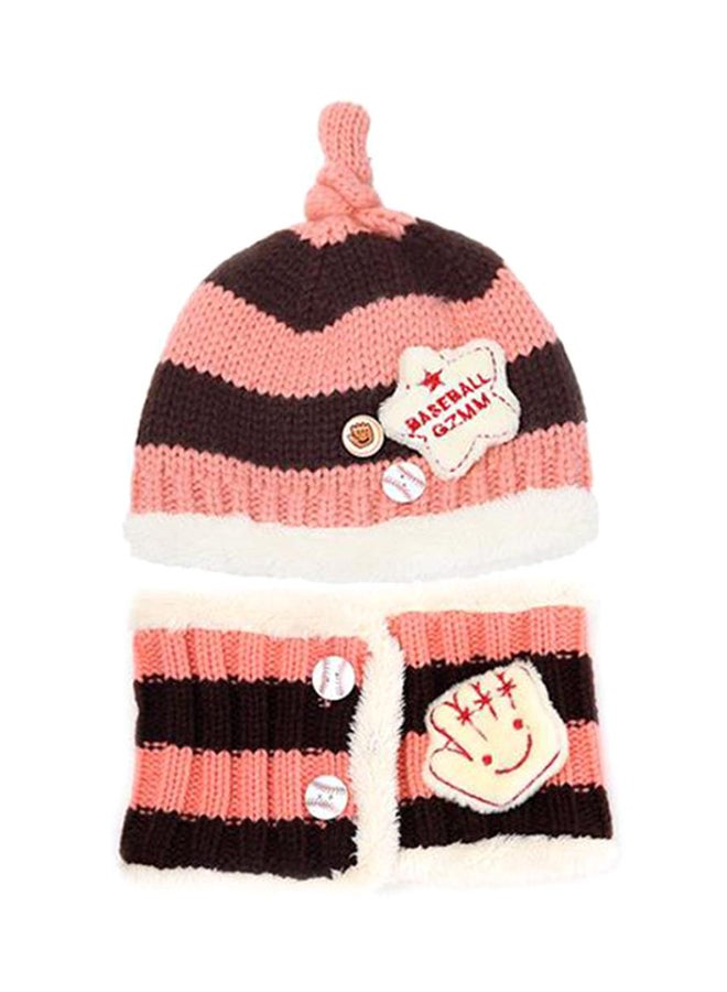Bluelans Warm Knitted Striped Beanie With Scarf Brown/Pink