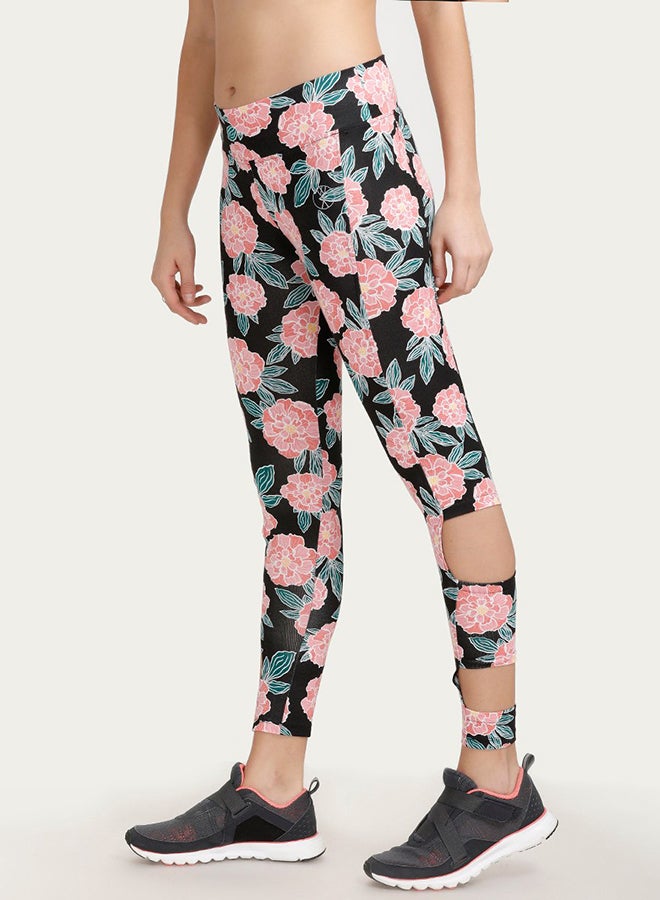 zivame Floral Printed Skin Fit Leggings Black/Pink  - Image 3
