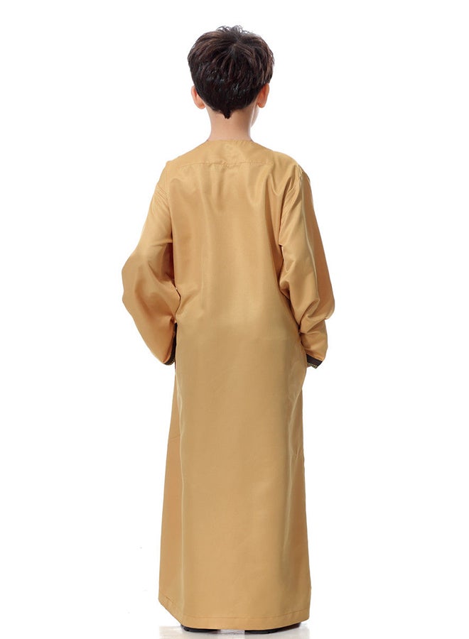 Long Sleeve Solid Saudi Arab Kandora Dress Brown  - Image 2