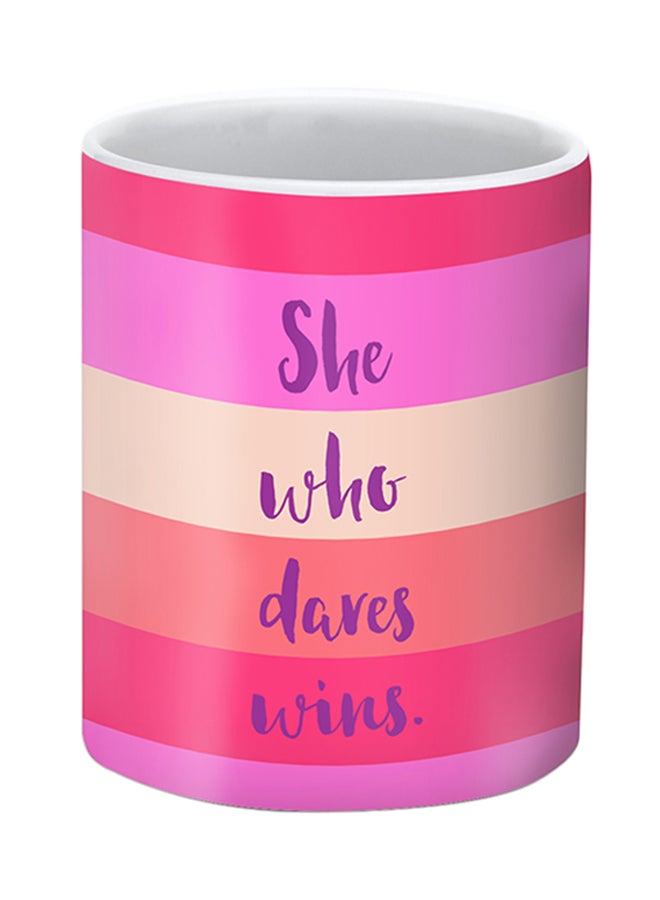 Stylizedd She Who Dares Wins Premium Design Printed Mug Pink/Purple/Beige - Image 2