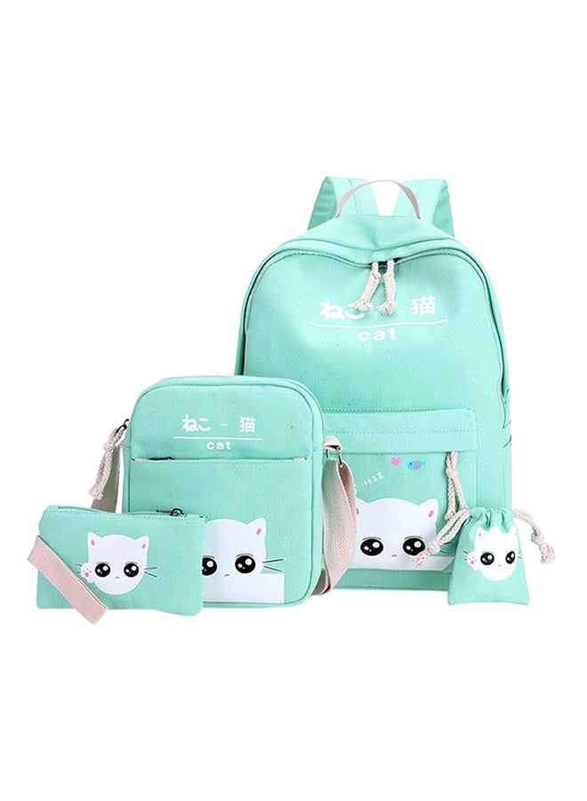4-Piece Cat Pattern Backpack Set Green - Image 1