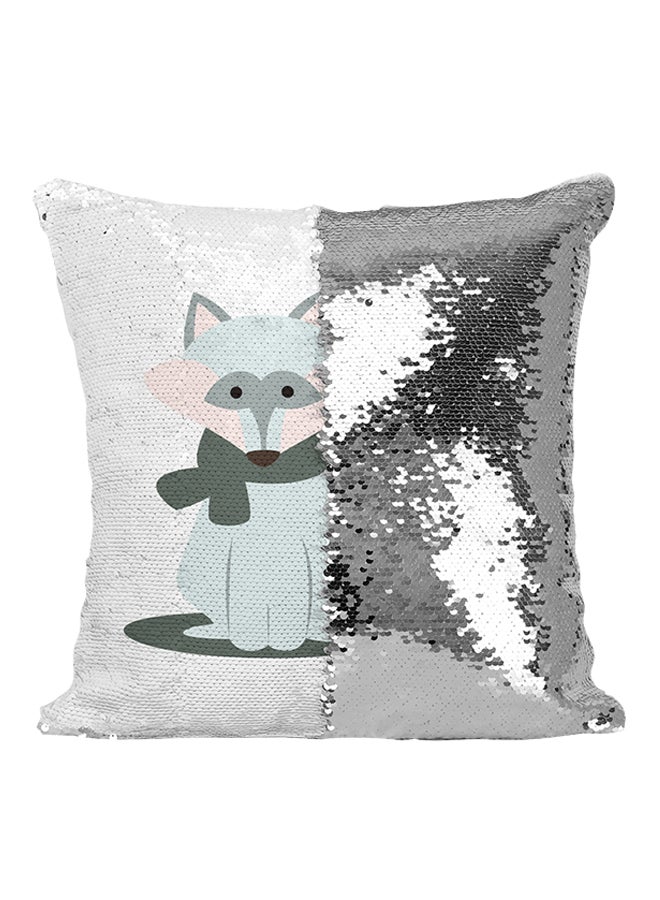 Cozy Winter Raccoon Cartoon Sequined Throw Pillow Silver/White/Blue 16x16inch - Image 1