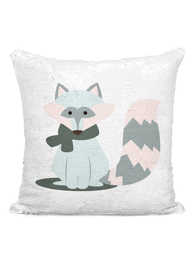 Cozy Winter Raccoon Cartoon Sequined Throw Pillow Silver/White/Blue 16x16inch - Image 2