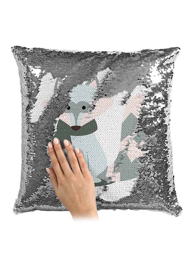 Cozy Winter Raccoon Cartoon Sequined Throw Pillow Silver/White/Blue 16x16inch - Image 3